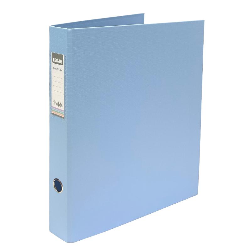 Blue Ledah Pastels A4 ring binder with a linen textured cover, holds 200 sheets, perfect for stylish organization.