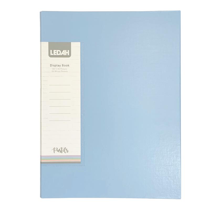 Ledah Pastels A4 Display Book in blue with 20 durable pockets for stylish document organization.