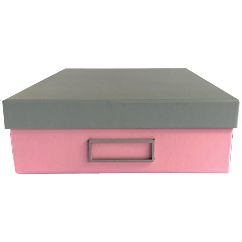 Pink Ledah Pastels Storage Box A4, eco-friendly paperboard, customizable nameplate, perfect for organizing documents and crafts.