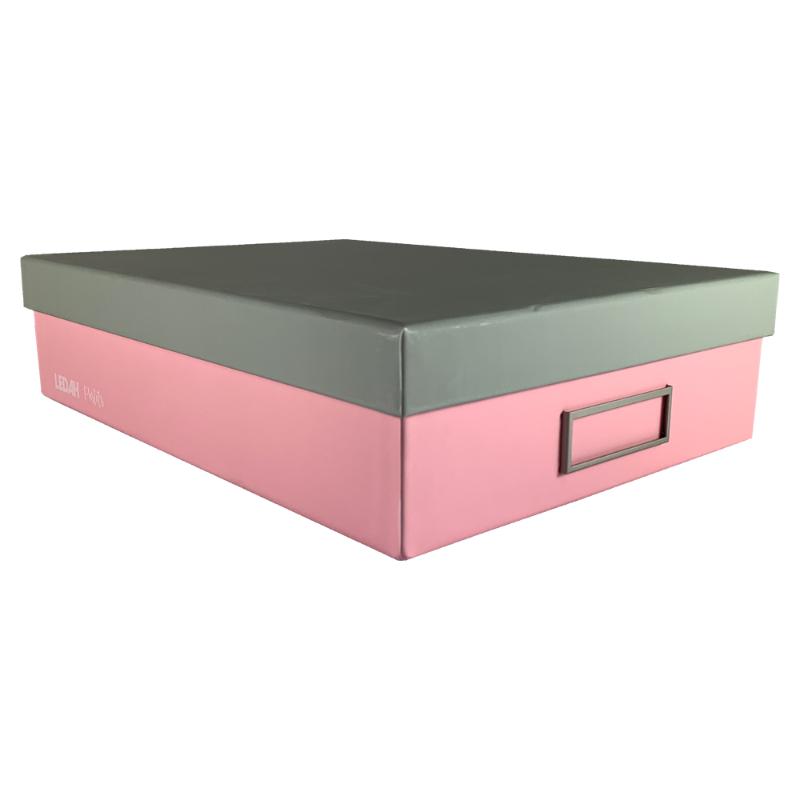 Pink Ledah Pastels A4 storage box made from eco-friendly paperboard, featuring customizable nameplate for stylish organization.