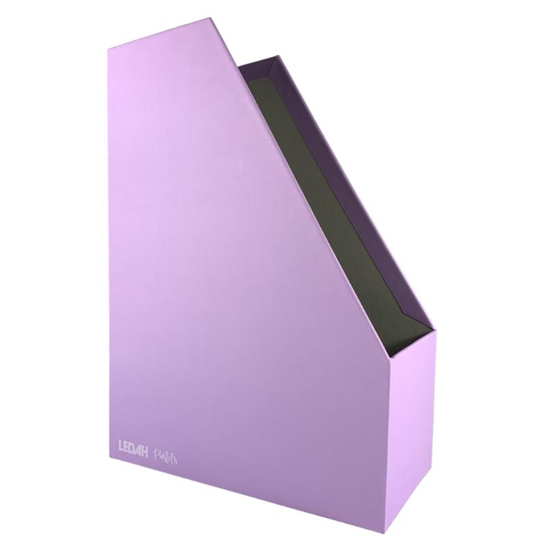 Purple Ledah Pastels Magazine File crafted from paperboard, ideal for organizing A4 papers with a customizable nameplate.