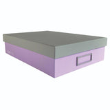 A4 purple storage box made from durable paperboard with customizable nameplate, perfect for organizing papers and supplies.