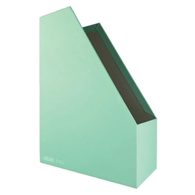 Stylish green magazine file for A4 documents, made from eco-friendly paperboard with customizable nameplate for easy organization.