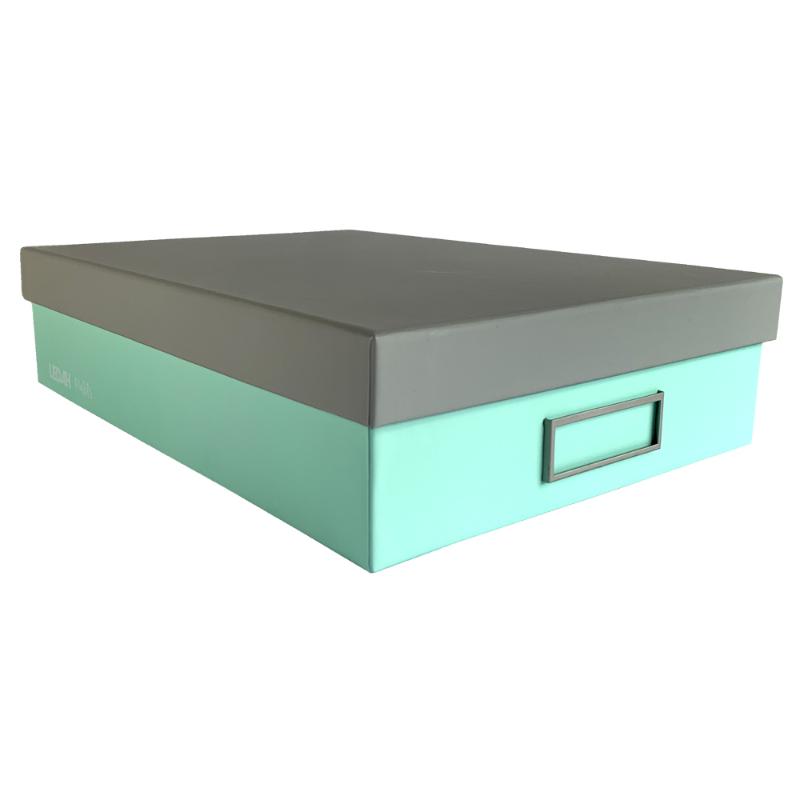 Green Ledah Pastels Storage Box A4 featuring customizable nameplate, eco-friendly paperboard, ideal for organizing documents.