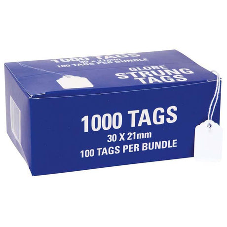 White Globe hardware tags strung, 30x21mm, box of 1000, ideal for organizing and labeling various items effortlessly.