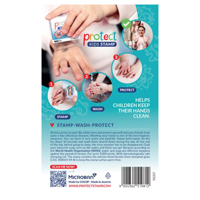 Colorful Colop Protect Kids Stamp for fun hand washing, featuring skin-safe ink and Microban antibacterial protection.