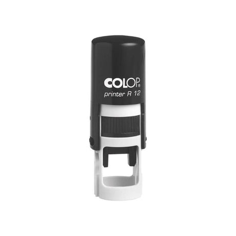 Round black self-inking stamp, 12mm diameter, perfect for logos, signatures, and custom text on various materials.