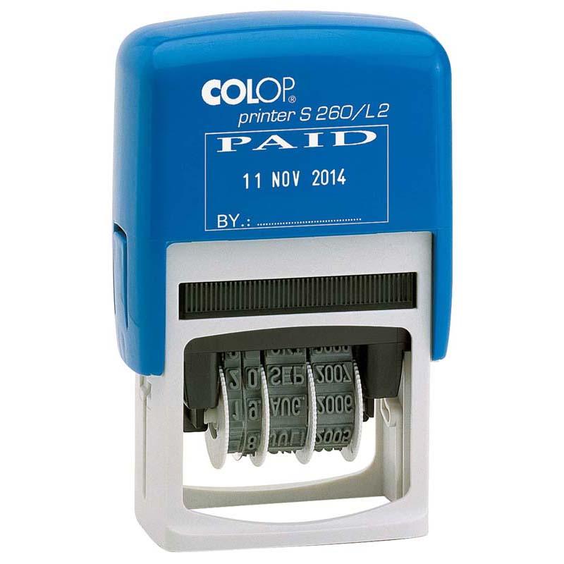 Colop Stamp Dater S260 L2 in dual colour, pre-printed 'PAID', ideal for efficient document handling in any workspace.