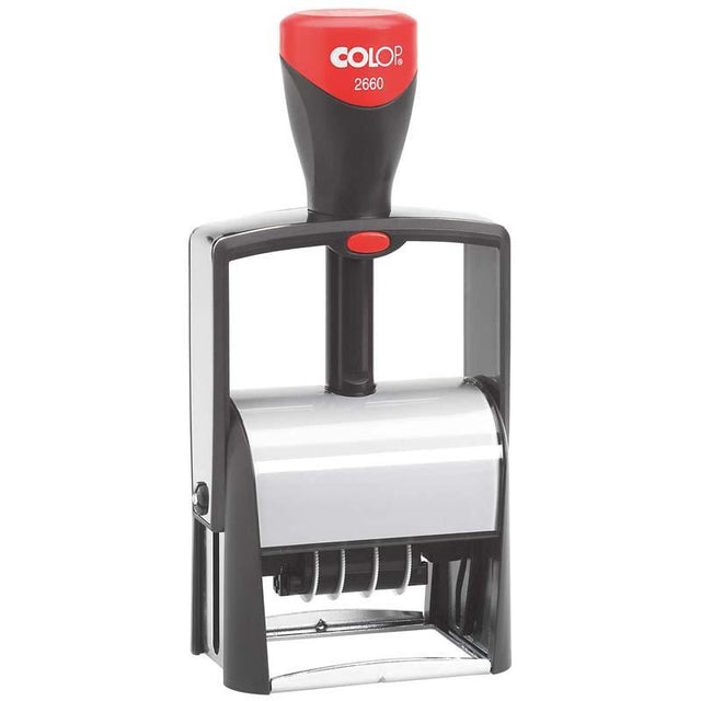 Colop Stamp Dater 2660 with metal frame, black finish, compact size, ideal for efficient and stylish repetitive date stamping.