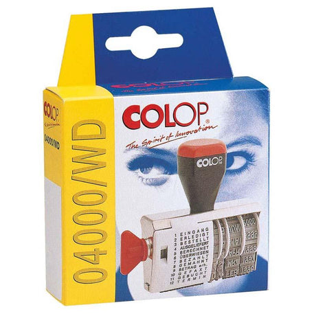 Colop Stamp Dater Band 04000WD featuring a 4mm date display and 12 interchangeable text plates for customizable stamping.