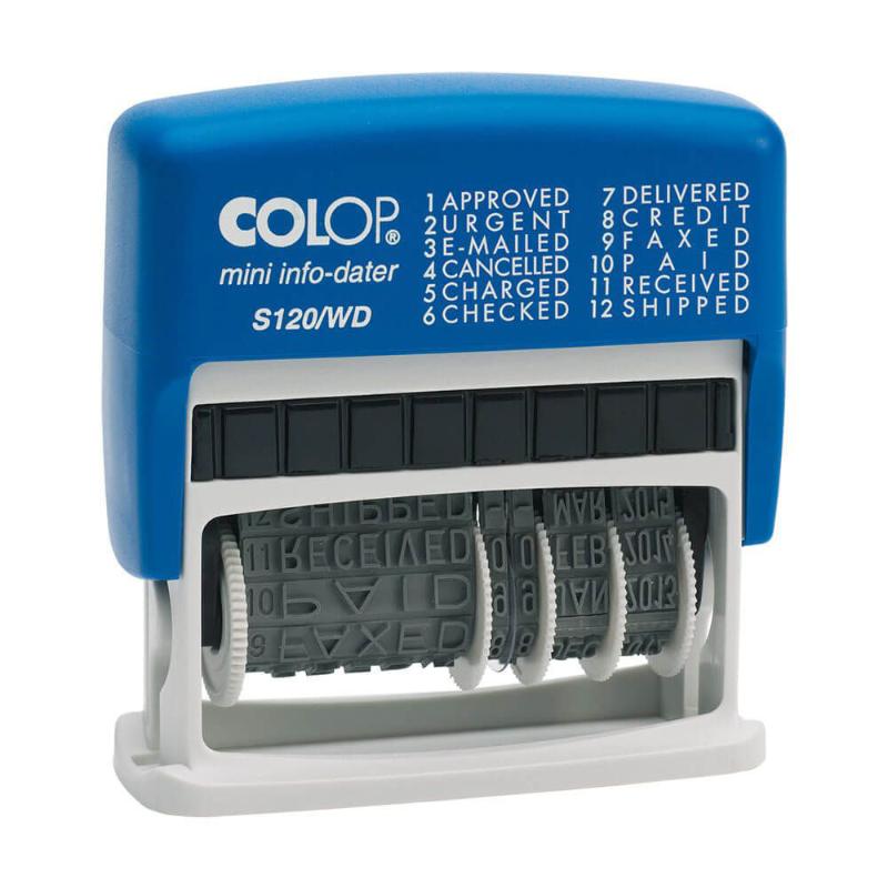 Compact Colop Stamp Dater S120/WD with 4mm black ink for efficient date stamping on documents and labels.