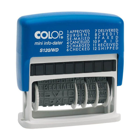 Compact Colop Stamp Dater S120/WD with 4mm black ink for efficient date stamping on documents and labels.