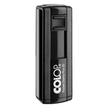 Compact Colop Pkt Stamp Plus 20 in black, ideal for clear, professional stamping on-the-go, measuring 14x38mm.