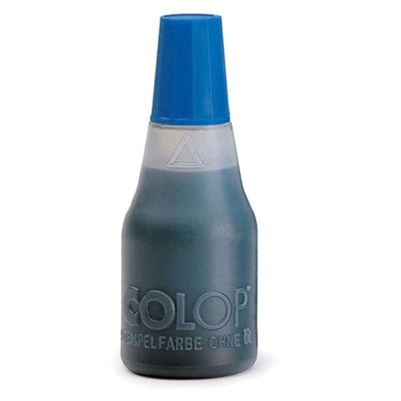 Vibrant blue 25ml ink for refillable Colop stamp pads, ensuring crisp, clear impressions for home and office use.