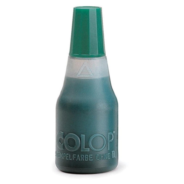 Vibrant green 25ml COLOP stamp pad ink for clear, vivid impressions in crafting and professional use.