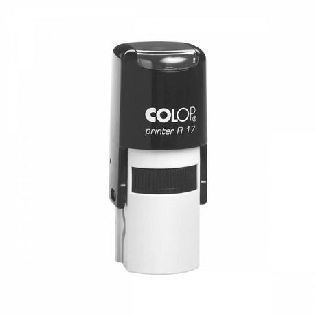 Self-inking Colop R17 round stamp in black, 17mm diameter; perfect for crisp impressions and custom branding.