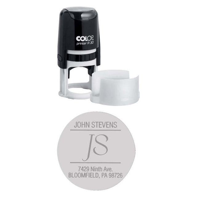 Round self-inking Colop R30 stamp, 30mm diameter, delivers crisp impressions in black for home or office use.