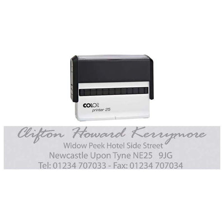 Self-inking black stamp measuring 15x75mm for personalized messages and professional branding on various materials.