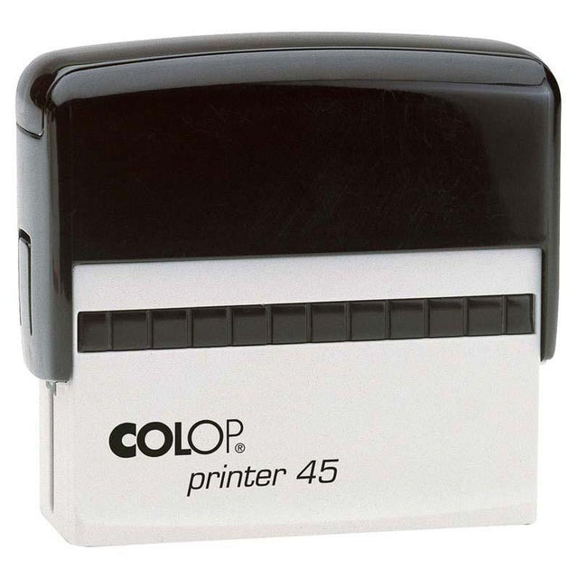 Colop Stamp Printer 45 in black, 25x82mm, versatile self-inking stamp for personalizing documents and branding tasks.