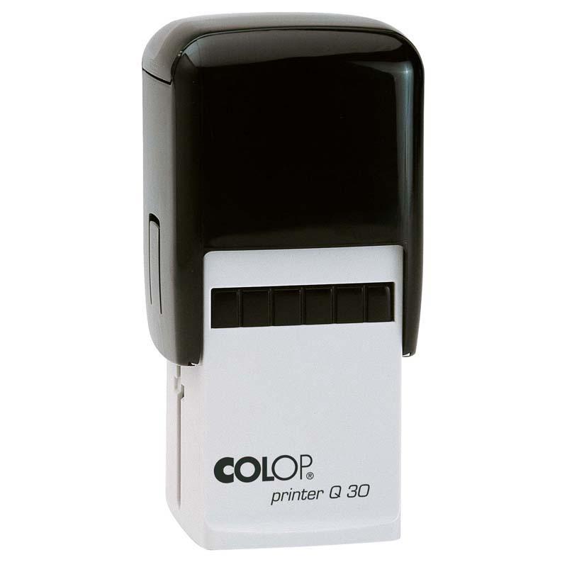 Colop Stamp Printer Q30 in black, 31x31mm, multi-purpose self-inking stamp for custom messages, logos, and labels.