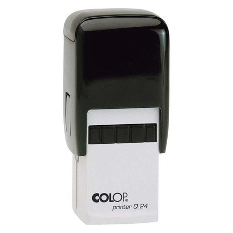 Colop Stamp Printer Q24 in black, compact 24x24mm self-inking stamp for customizable logos and addresses.