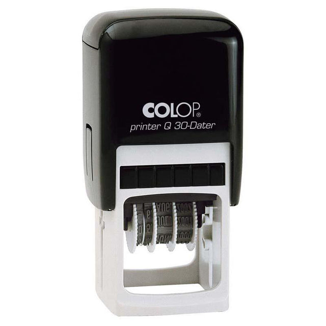 Colop Stamp Dater Q30, a versatile black self-inking stamp, 30x30mm for reliable dating in personal and professional use.