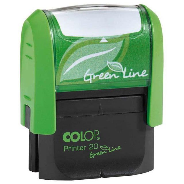 Eco-friendly self-inking colop stamp in green, 14x38mm, ideal for versatile office and personal stamping tasks.