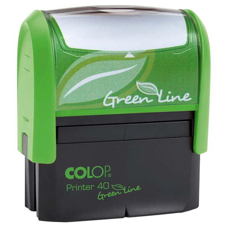 Eco-friendly Colop Stamp Printer Greenline 40, self-inking, 23x59mm, perfect for custom impressions on various surfaces.