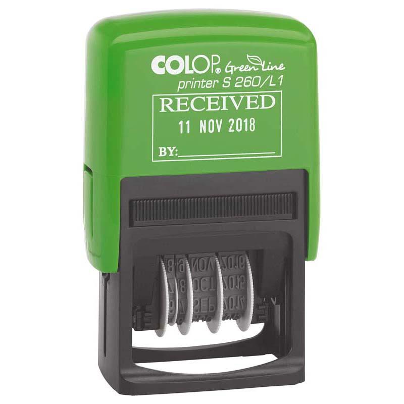 Eco-friendly Colop Self-Inking Stamp Dater in black, measuring 24x45mm, for marking received documents clearly.