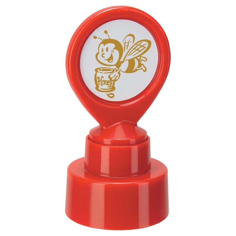 Gold Busy Bee motivational stamp with humorous imprints for rewarding students, self-inking and refillable with 15,000 impressions.