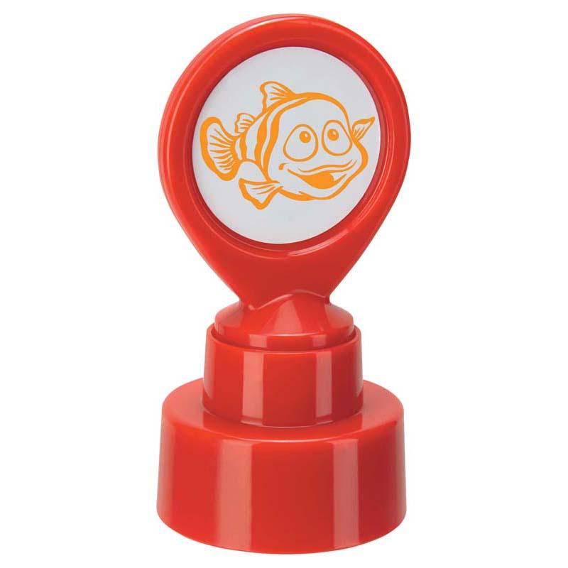 Vibrant orange self-inking stamp featuring a fish design, perfect for motivating and rewarding students in the classroom.