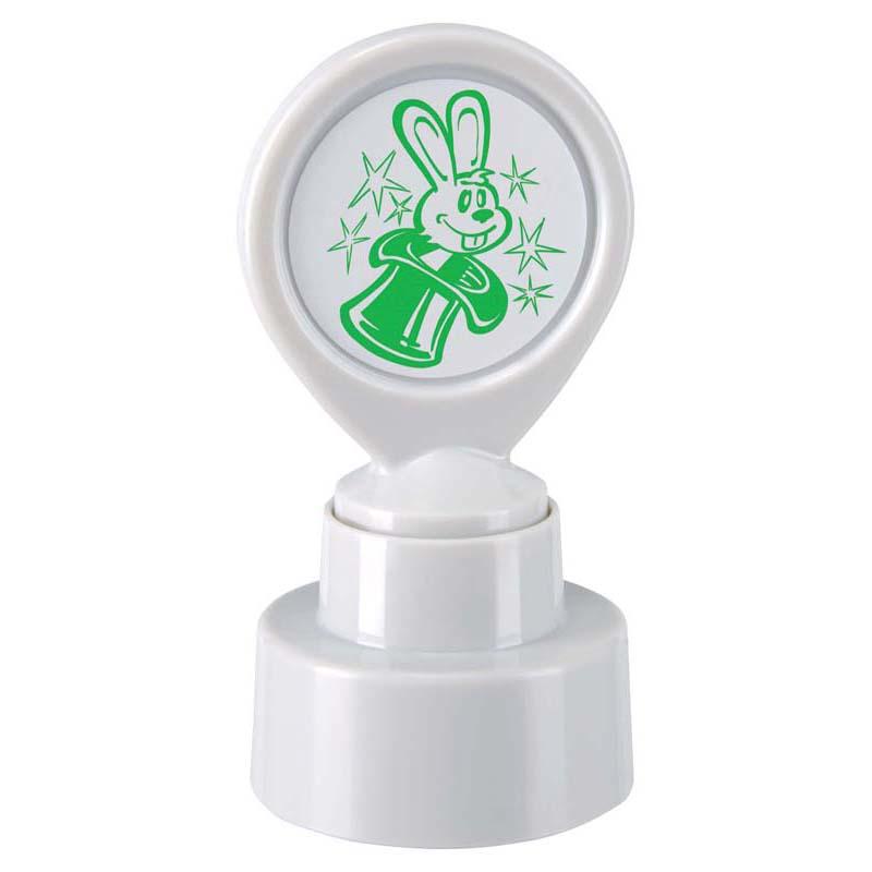 Self-inking motivational stamp featuring a green magic rabbit design, ideal for rewarding student achievements in classrooms.