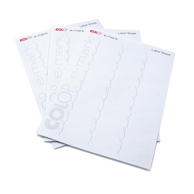 Colop e-mark Labels pack with 10 A4 sheets, each with 30 adhesive labels for versatile, professional labeling.