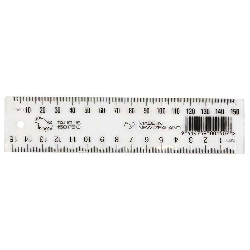 Clear 150mm Taurus Ruler made of Styrene with cm/mm graduations for accurate measuring and straight lines, perfect for students and professionals.