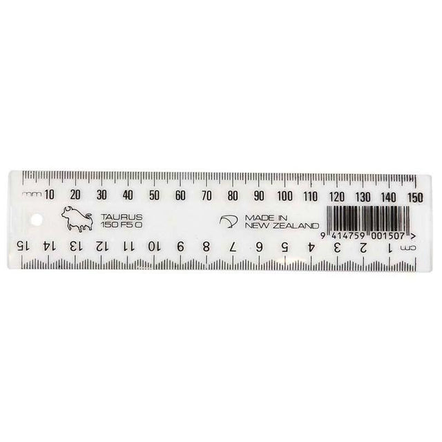 Clear 150mm Taurus Ruler made of Styrene with cm/mm graduations for accurate measuring and straight lines, perfect for students and professionals.