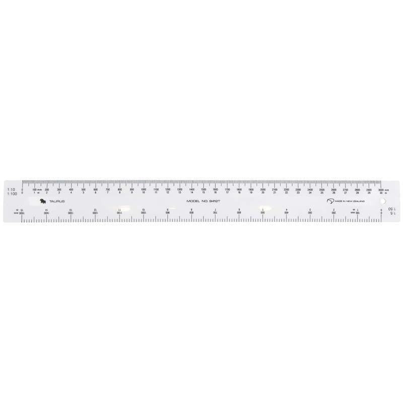 Taurus Ruler 300mm white scale rule, featuring multiple metric scales and beveled edges for precise measurements.