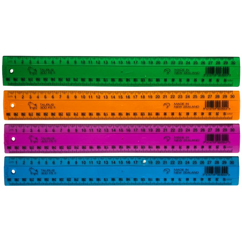 Vibrant 300mm ruler in assorted fluorescent colors with clear cm/mm graduations for precise measuring and drawing.