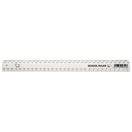 Lightweight 300mm white ruler with clear cm and mm graduations for precise measurements and straight lines, made from durable Styrene.