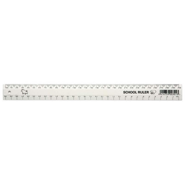 Lightweight 300mm white ruler with clear cm and mm graduations for precise measurements and straight lines, made from durable Styrene.