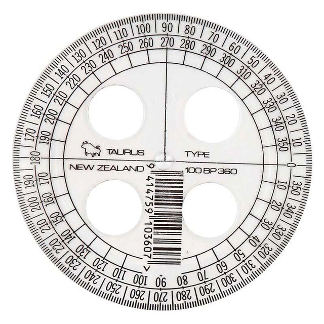 Taurus Protractor 10cm 360, transparent plastic for precise 360-degree angle measurements, compact and portable for on-the-go use.