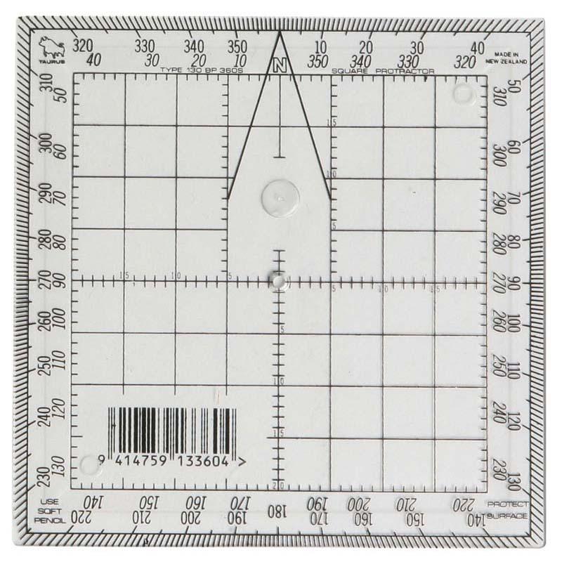 Transparent 13cm square protractor for precise angle measurement, ideal for students and professionals, made in New Zealand.