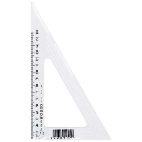 Clear plastic set square, 21cm long, featuring a 60-degree angle, ideal for precision in technical drawing and design projects.