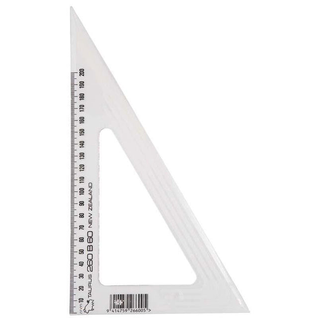 Clear plastic Taurus Set Square, 26cm with 60-degree angle, perfect for precise drawing and technical designs.