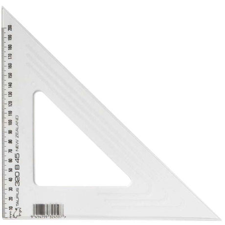 Clear 32cm plastic set square with a 45-degree angle, perfect for precision in drawing and engineering tasks.