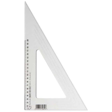 Clear plastic Taurus set square measuring 32cm, featuring a 60-degree angle, perfect for precision drafting and design.