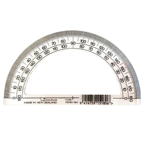 Transparent 15cm Taurus protractor for precise 180-degree angle measurements, ideal for students and professionals.