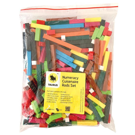 Vibrant Taurus numeracy rods storage set featuring 241 pieces in assorted colors for hands-on math learning activities.