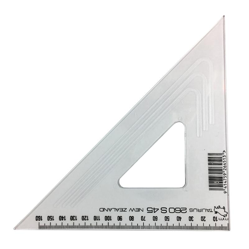 Taurus 26cm set square in clear plastic, ideal for precise 45-degree angles in drawing and technical designs.