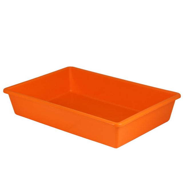 Compact orange Taurus Tray Tote, 397x270x75mm, durable polypropylene, ideal for organizing home or office, holds up to 15kg.