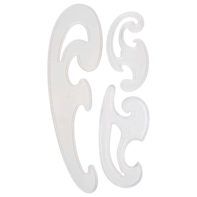 Taurus French Curves 3 Piece Set with small, medium, and large clear Styrene tools for precise drafting and artistic designs.